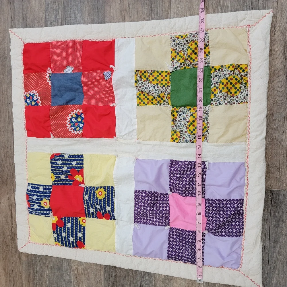 Vintage Quilt Small 9 Patch Hand Pieced Cotton Colorful Floral 28.5 x 29